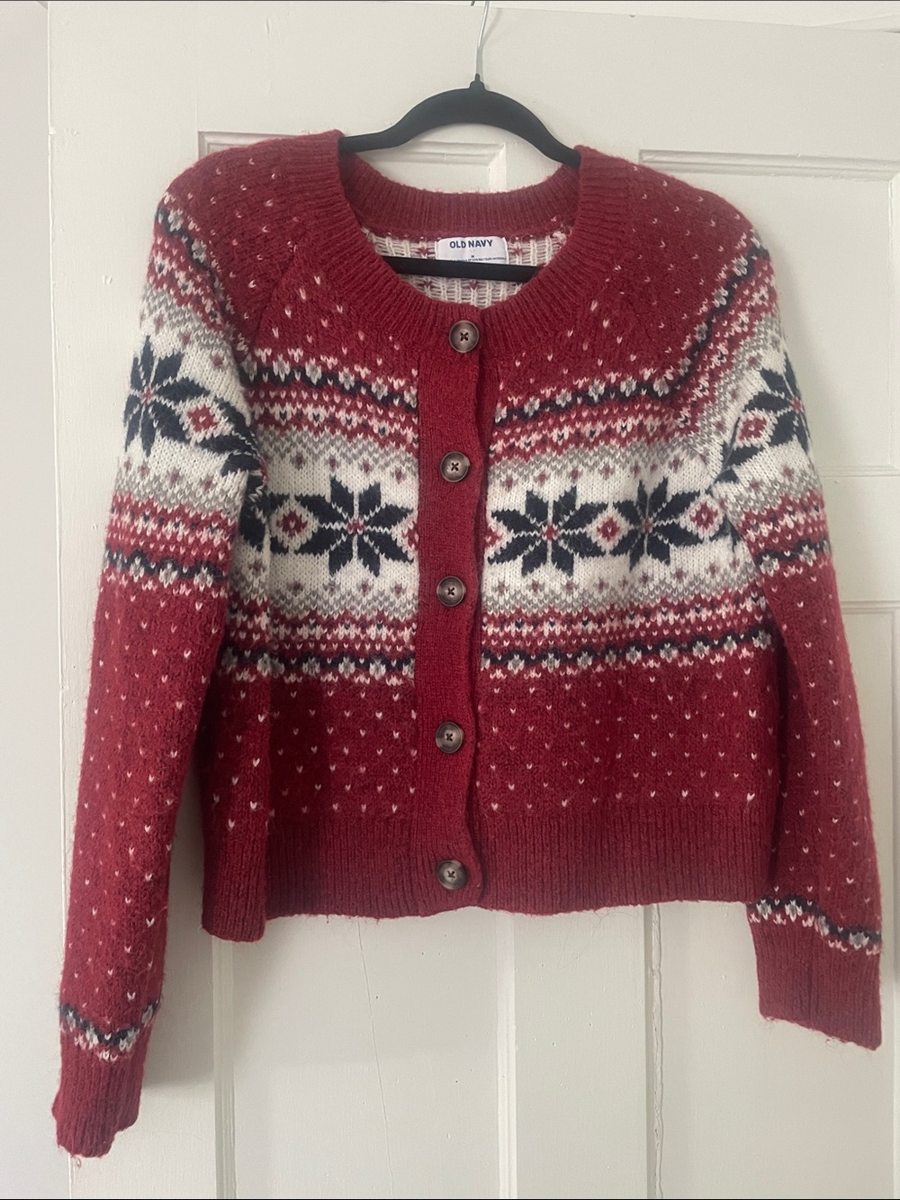Old Navy Red and White Fair Isle Button Cardigan